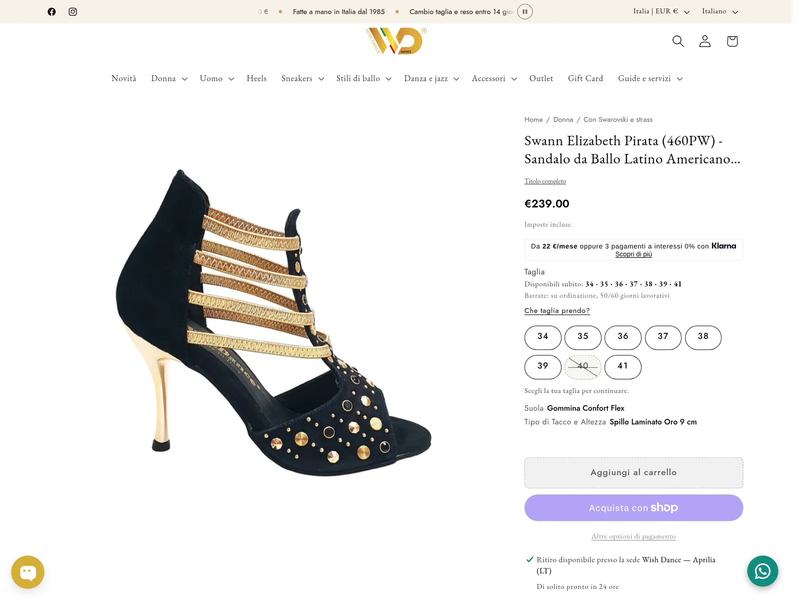 Product page: sizes in stock, sole, heel and Klarna